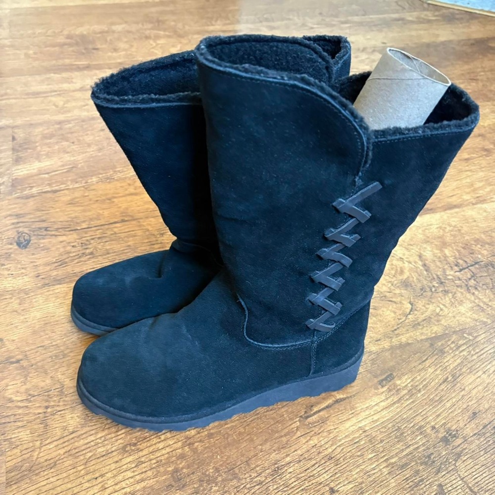 Bearpaw Camila Black Suede Wool Blend Lined Mid Calf Boots 2030W Size 9 Y2K cozy